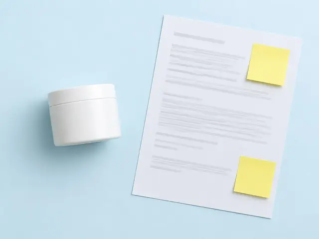 Un bote de crema blanco sobre papel azul claro, junto a una hoja impresa con dos notas adhesivas amarillas