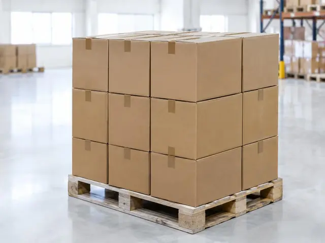 Un palé de madera con cajas de cartón lisas precintadas, en un almacén luminoso